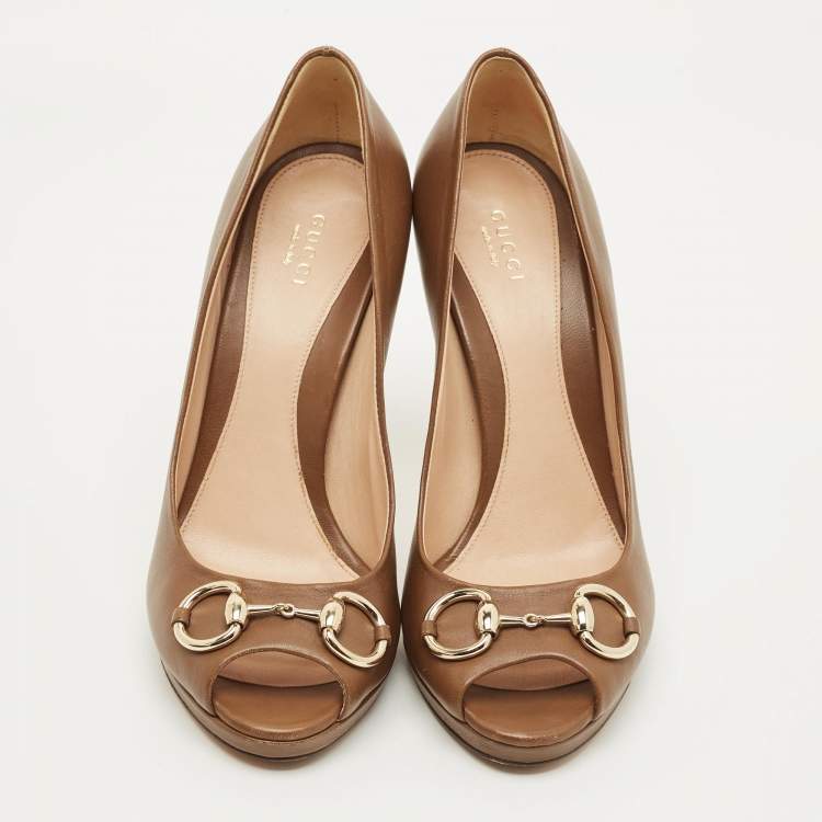 Pre Owned Gucci Horsebit Size 39.5 Brown Leather Peep Toe Pumps