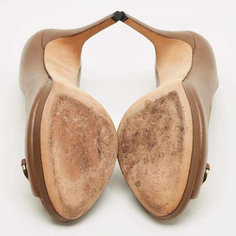 Pre Owned Gucci Horsebit Size 39.5 Brown Leather Peep Toe Pumps