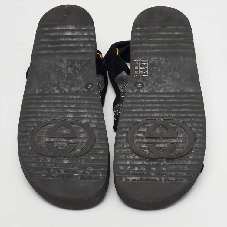 Pre Owned Gucci Size 39 Black Mesh and Suede GG Crystal Embellished Platform Sandals