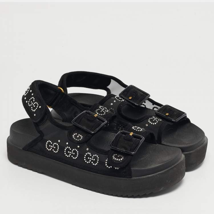 Pre Owned Gucci Size 39 Black Mesh and Suede GG Crystal Embellished Platform Sandals