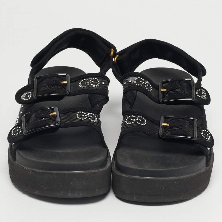 Pre Owned Gucci Size 39 Black Mesh and Suede GG Crystal Embellished Platform Sandals
