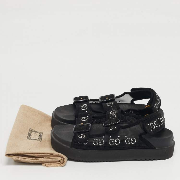 Pre Owned Gucci Size 39 Black Mesh and Suede GG Crystal Embellished Platform Sandals