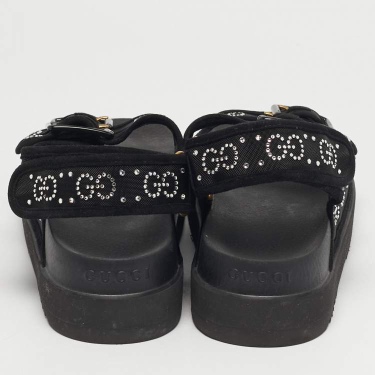 Pre Owned Gucci Size 39 Black Mesh and Suede GG Crystal Embellished Platform Sandals