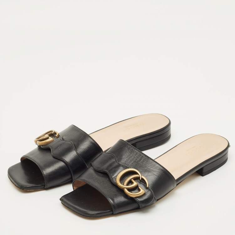 Pre Owned Gucci Interlocking G Size 37 Black Leather Buckle Flat Slide