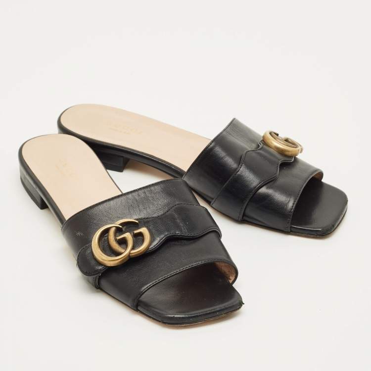 Pre Owned Gucci Interlocking G Size 37 Black Leather Buckle Flat Slide