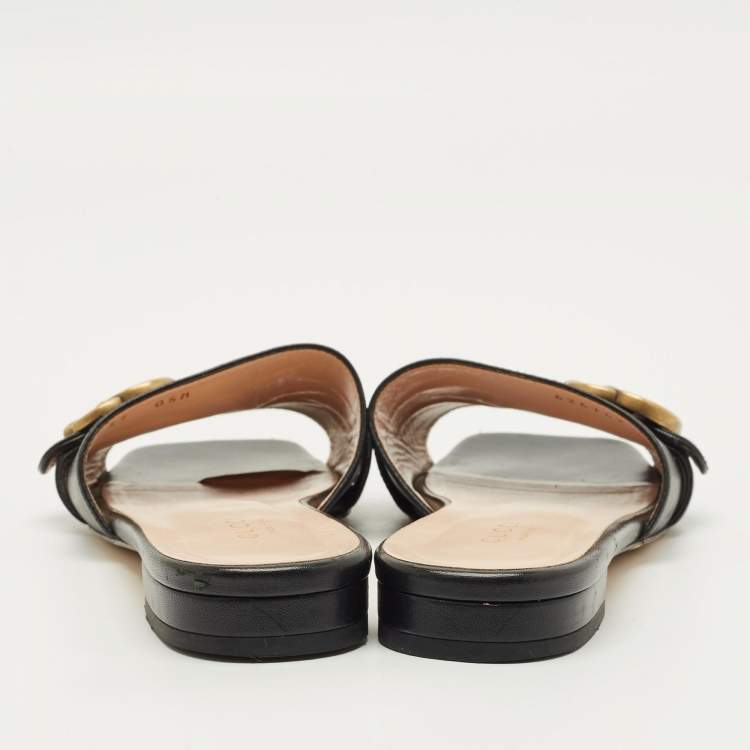 Pre Owned Gucci Interlocking G Size 37 Black Leather Buckle Flat Slide