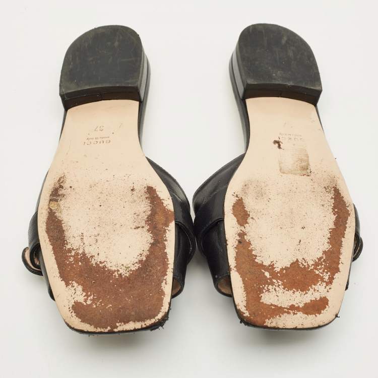 Pre Owned Gucci Interlocking G Size 37 Black Leather Buckle Flat Slide