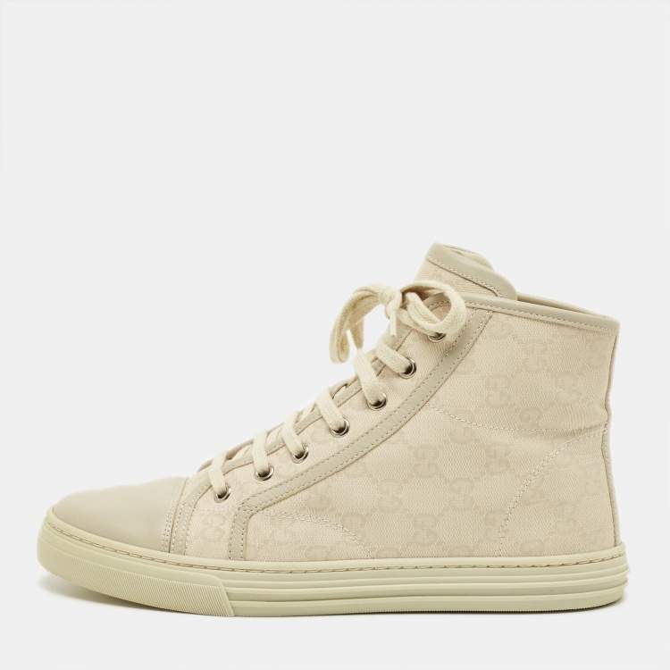 Pre Owned Gucci Size 37.5 Two Tone GG Canvas and Leather High Top Sneakers