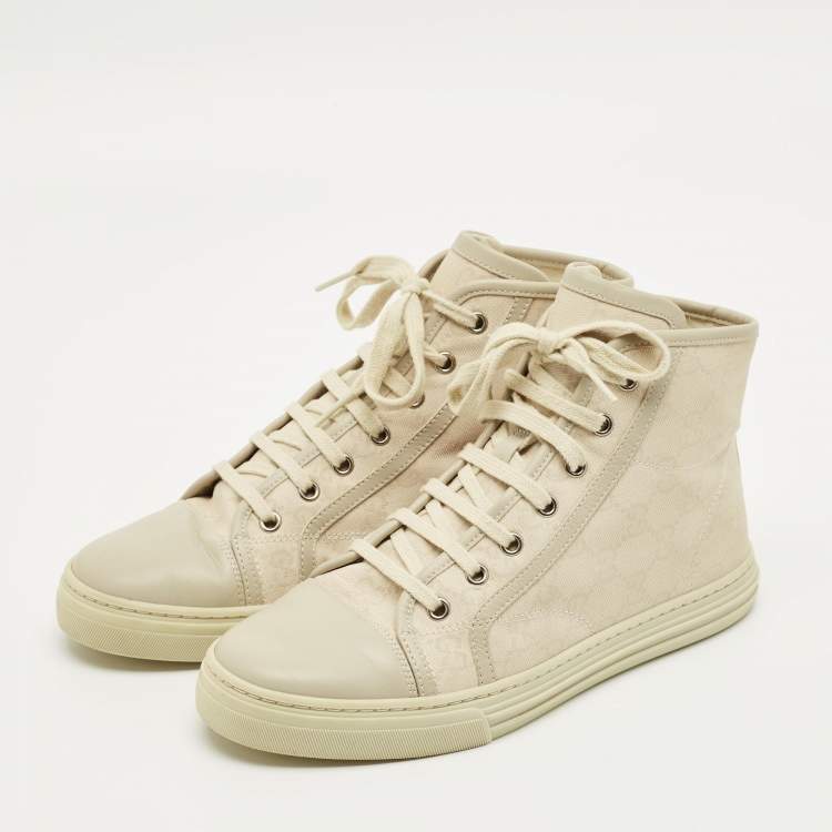 Pre Owned Gucci Size 37.5 Two Tone GG Canvas and Leather High Top Sneakers