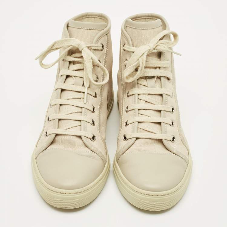 Pre Owned Gucci Size 37.5 Two Tone GG Canvas and Leather High Top Sneakers