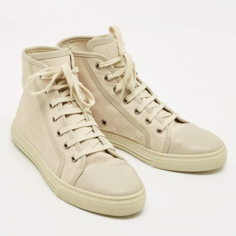 Pre Owned Gucci Size 37.5 Two Tone GG Canvas and Leather High Top Sneakers