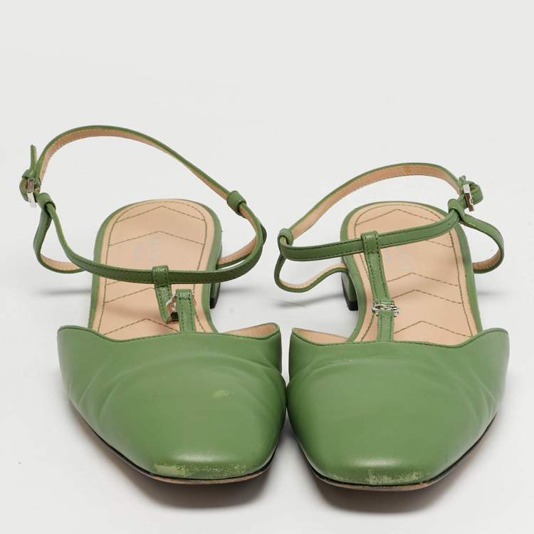 Pre Owned Gucci Double G Size 38 Green Leather Ankle Strap Sandals