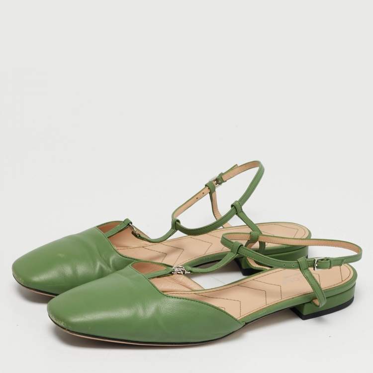Pre Owned Gucci Double G Size 38 Green Leather Ankle Strap Sandals
