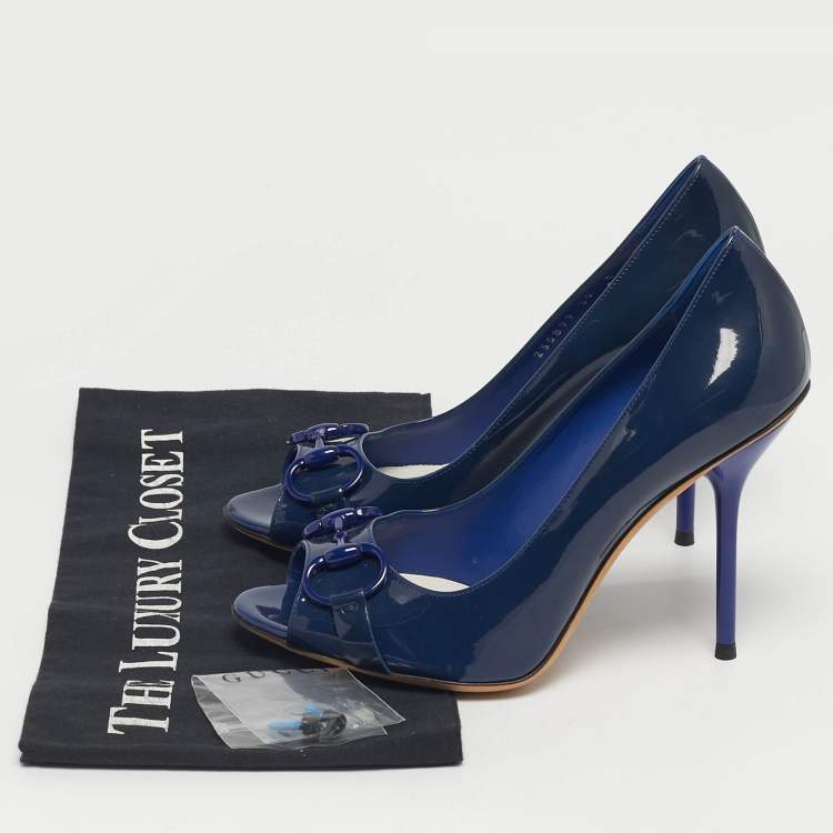 Pre Owned Gucci Horsebit Size 38 Navy Blue Patent Leather Peep Toe Pumps
