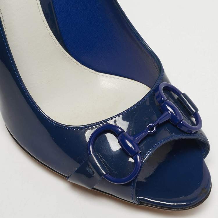 Pre Owned Gucci Horsebit Size 38 Navy Blue Patent Leather Peep Toe Pumps