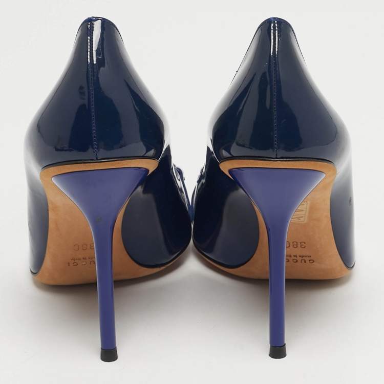 Pre Owned Gucci Horsebit Size 38 Navy Blue Patent Leather Peep Toe Pumps