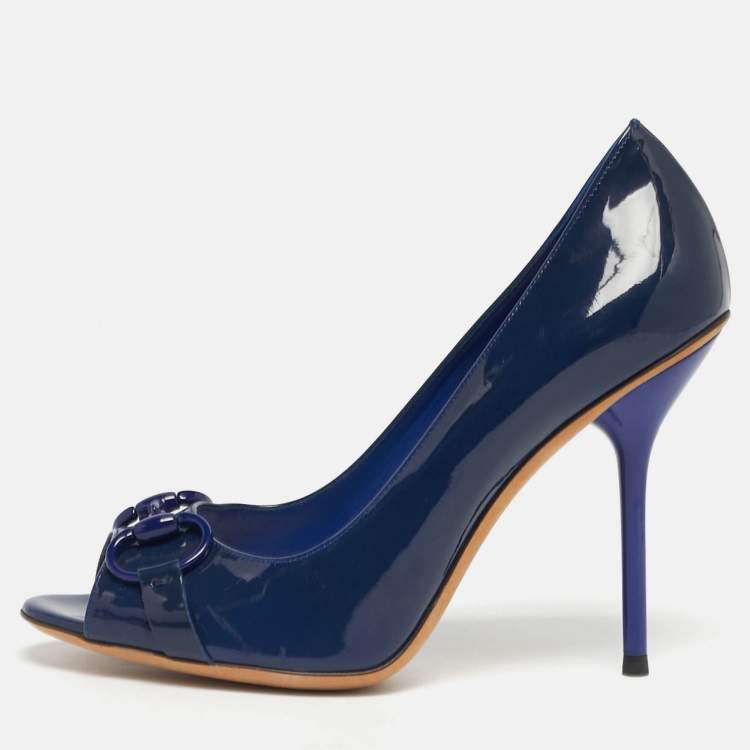 Pre Owned Gucci Horsebit Size 38 Navy Blue Patent Leather Peep Toe Pumps