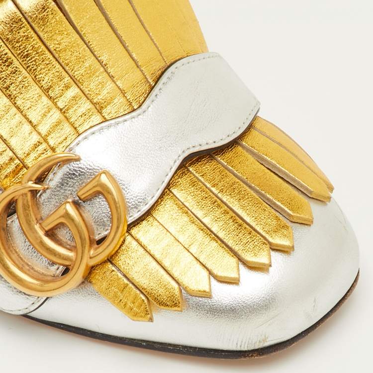 Pre Owned Gucci GG Marmont Size 38 Silver/Gold Fringed Leather Block Heel Pumps