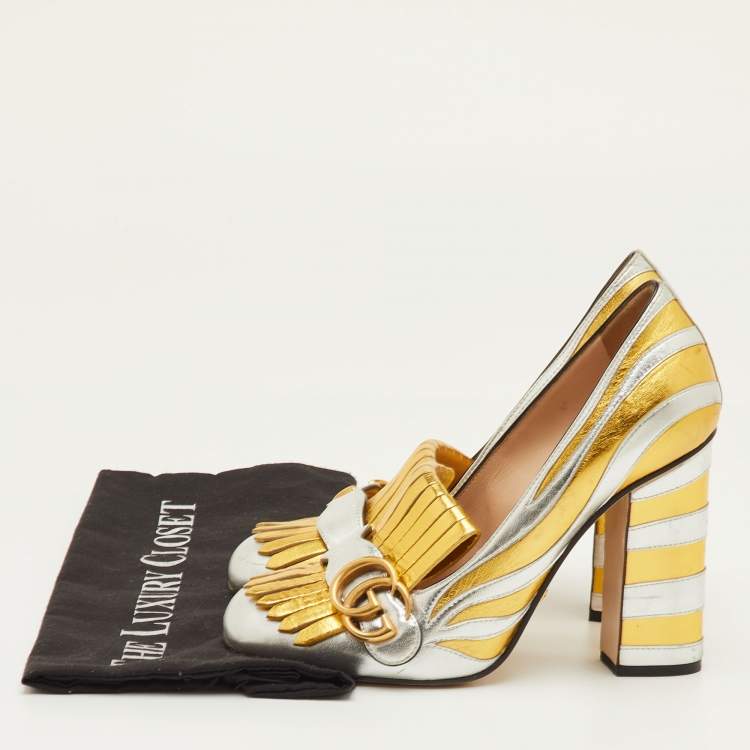 Pre Owned Gucci GG Marmont Size 38 Silver/Gold Fringed Leather Block Heel Pumps