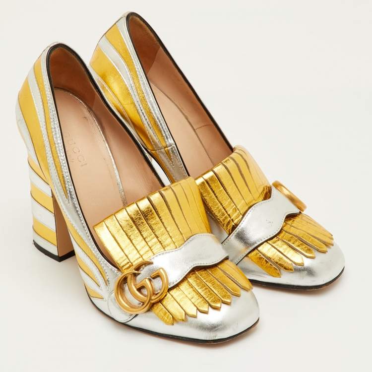 Pre Owned Gucci GG Marmont Size 38 Silver/Gold Fringed Leather Block Heel Pumps