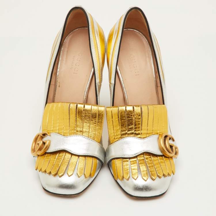 Pre Owned Gucci GG Marmont Size 38 Silver/Gold Fringed Leather Block Heel Pumps