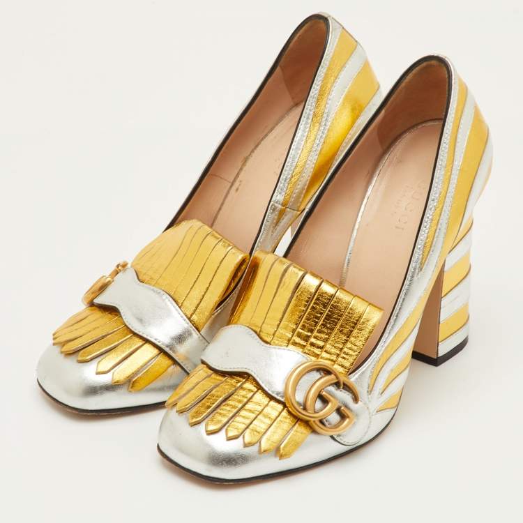 Pre Owned Gucci GG Marmont Size 38 Silver/Gold Fringed Leather Block Heel Pumps