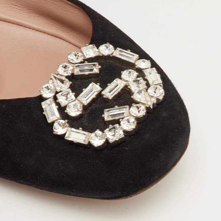 Pre Owned Gucci Interlocking G Size 40.5 Black Crystal Embellished Suede Ballet Flats