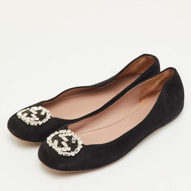 Pre Owned Gucci Interlocking G Size 40.5 Black Crystal Embellished Suede Ballet Flats