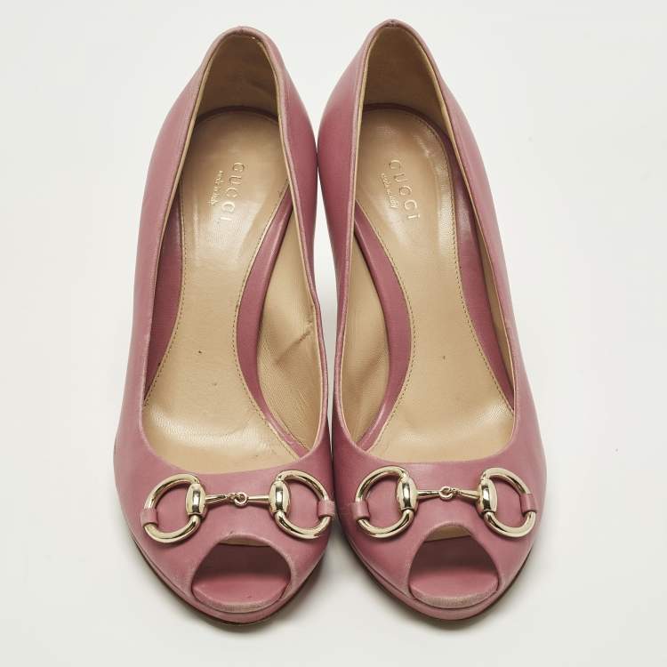 Pre Owned Gucci Horsebit Size 38 Pink Leather Peep Toe Pumps