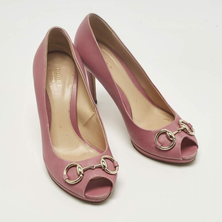 Pre Owned Gucci Horsebit Size 38 Pink Leather Peep Toe Pumps