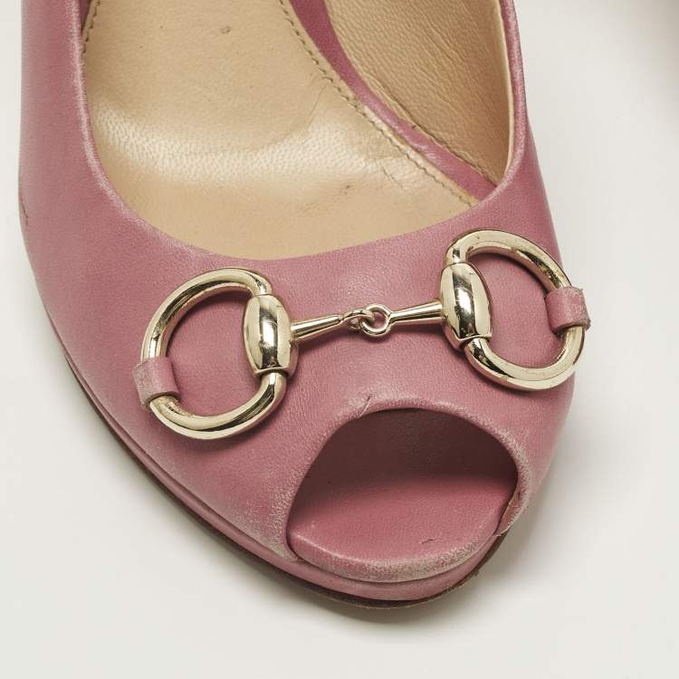 Pre Owned Gucci Horsebit Size 38 Pink Leather Peep Toe Pumps