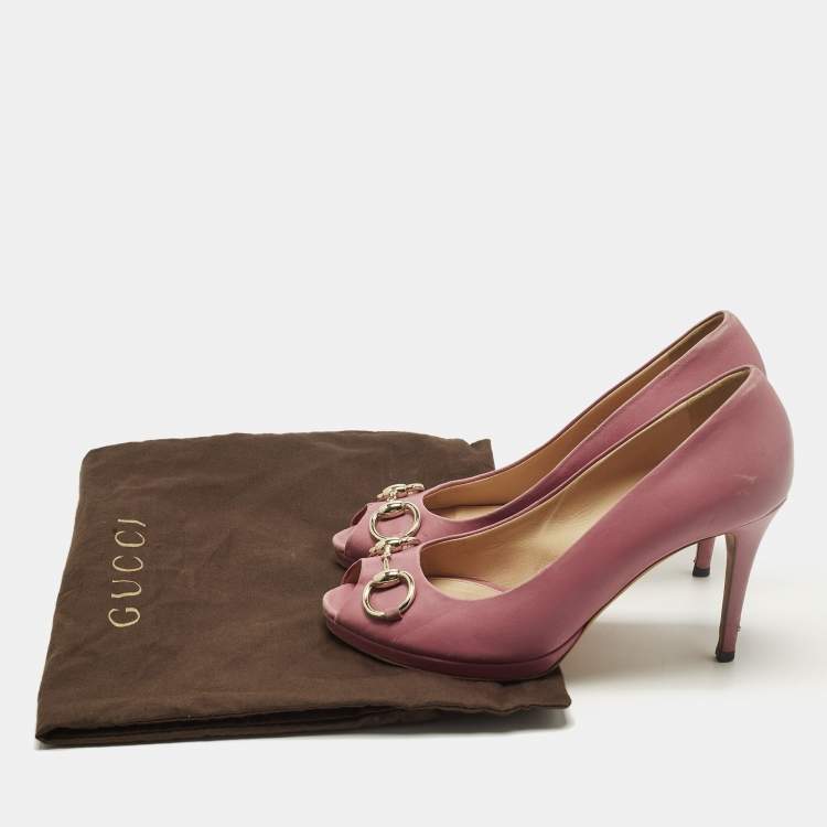 Pre Owned Gucci Horsebit Size 38 Pink Leather Peep Toe Pumps