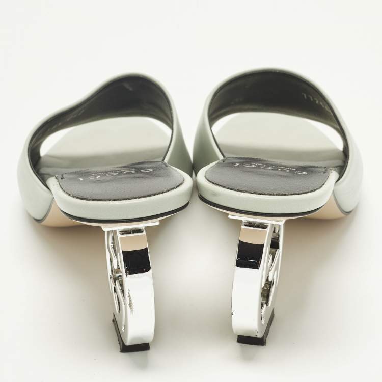 Pre Owned Gucci Interlocking G Size 38.5 Mint Green Leather Slide Sandals