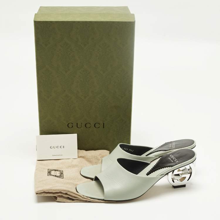 Pre Owned Gucci Interlocking G Size 38.5 Mint Green Leather Slide Sandals