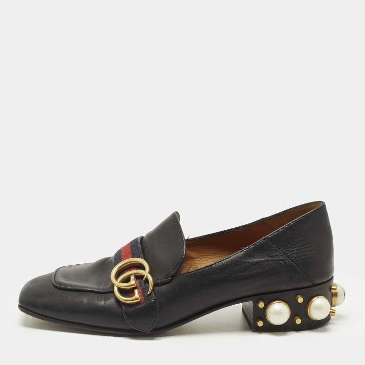 Pre Owned Gucci Double G Size 37 Black Leather Web Loafers