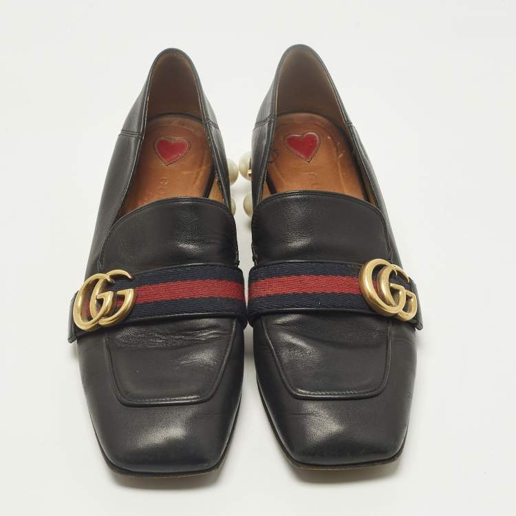 Pre Owned Gucci Double G Size 37 Black Leather Web Loafers