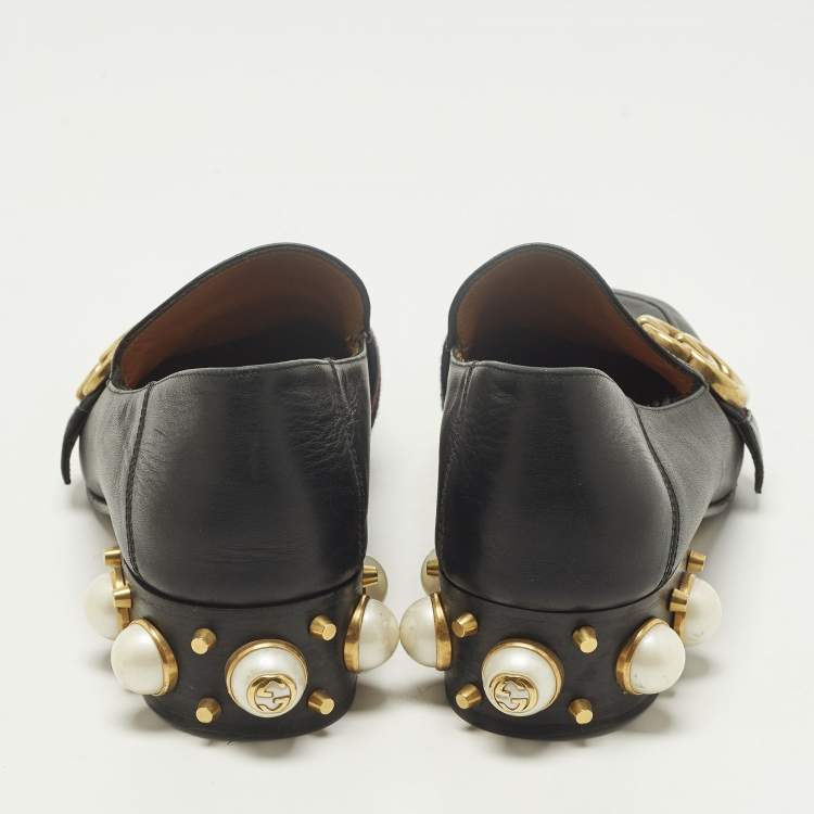 Pre Owned Gucci Double G Size 37 Black Leather Web Loafers