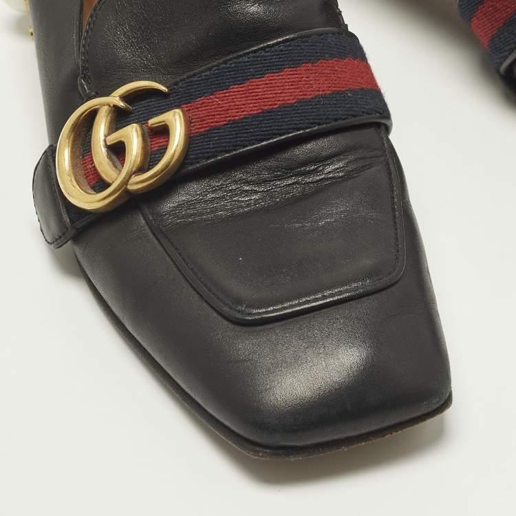 Pre Owned Gucci Double G Size 37 Black Leather Web Loafers