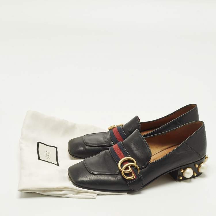 Pre Owned Gucci Double G Size 37 Black Leather Web Loafers