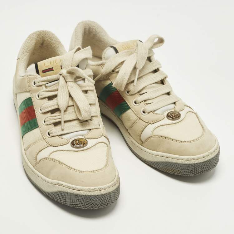 Pre Owned Gucci Screener Size 38.5 Grey Leather and Nubuck Leather Low Top Sneakers