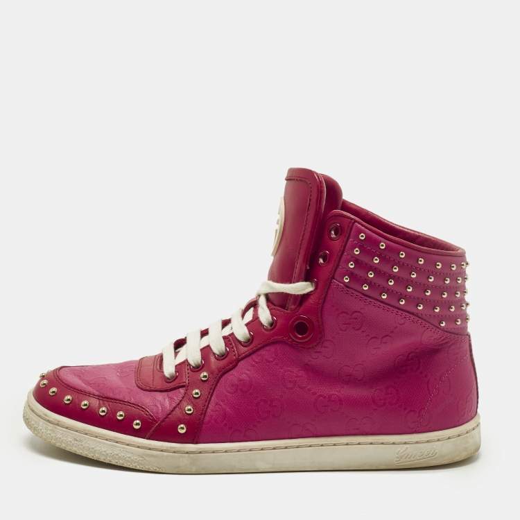 Pre Owned Gucci Dapper Dan Size 37.5 Red/Purple Canvas and Leather High Top Sneakers
