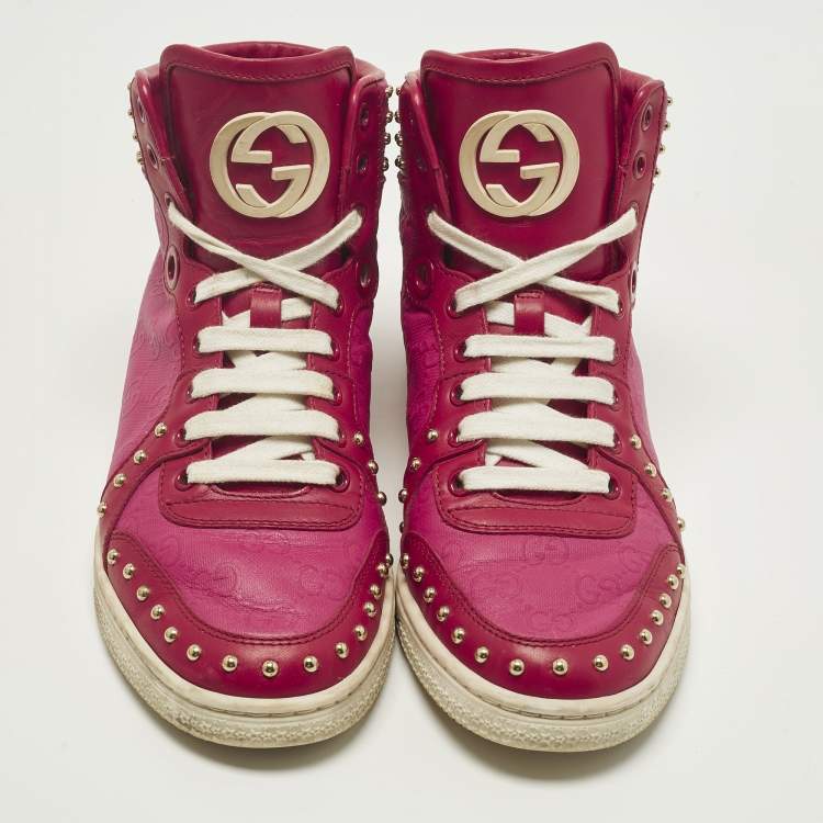 Pre Owned Gucci Dapper Dan Size 37.5 Red/Purple Canvas and Leather High Top Sneakers