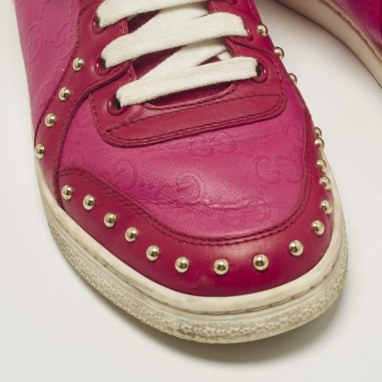 Pre Owned Gucci Dapper Dan Size 37.5 Red/Purple Canvas and Leather High Top Sneakers