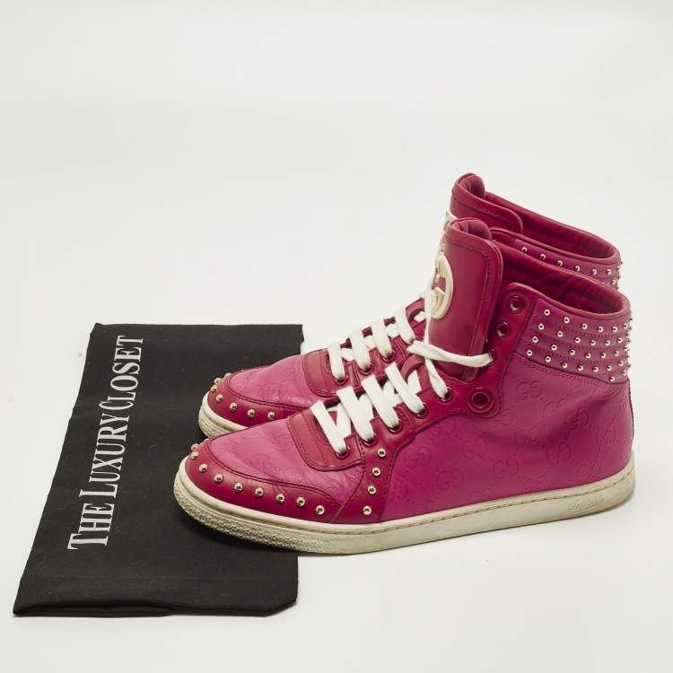 Pre Owned Gucci Dapper Dan Size 37.5 Red/Purple Canvas and Leather High Top Sneakers