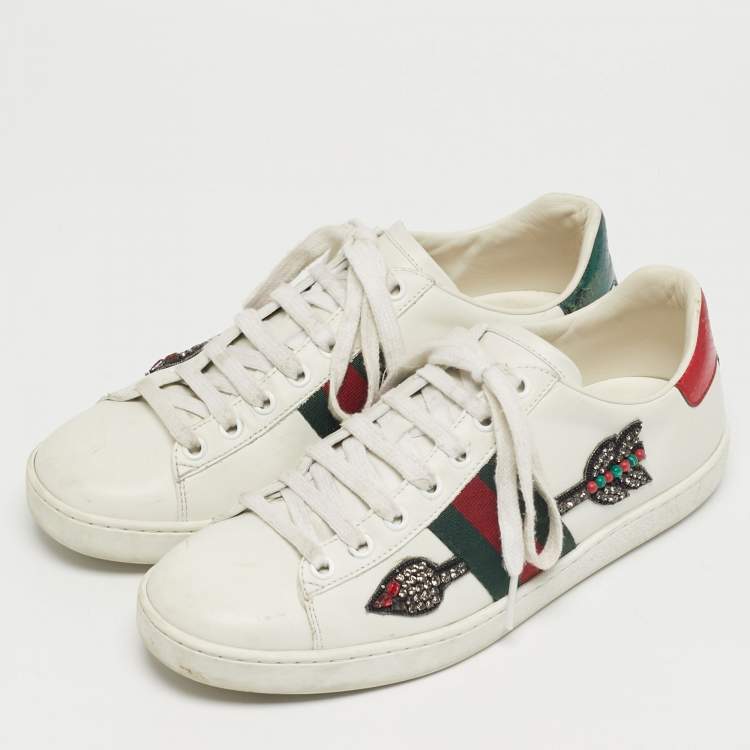 Pre Owned Gucci Ace Web Size 38 White Snakeskin Embossed and Leather Lace Up Sneakers