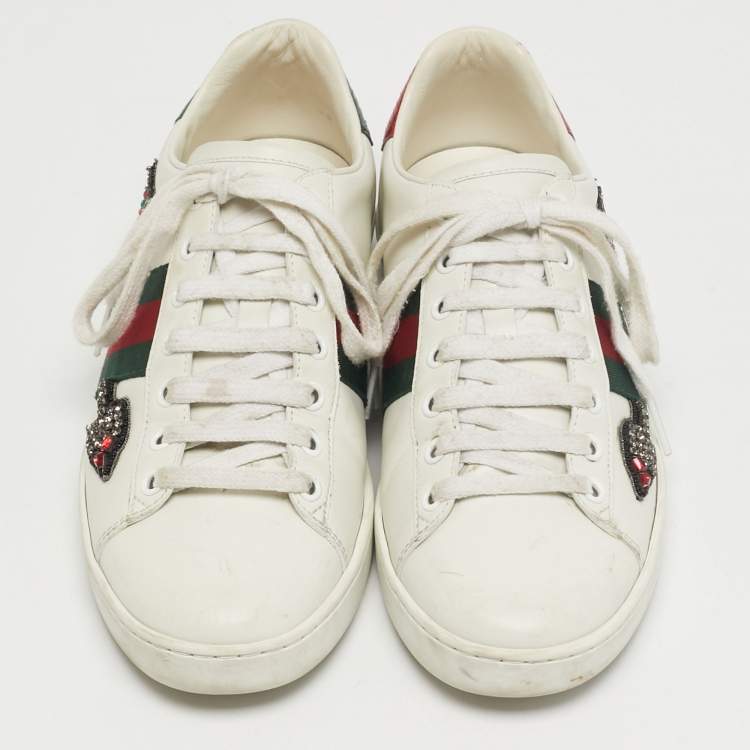 Pre Owned Gucci Ace Web Size 38 White Snakeskin Embossed and Leather Lace Up Sneakers