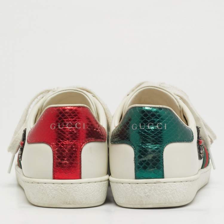 Pre Owned Gucci Ace Web Size 38 White Snakeskin Embossed and Leather Lace Up Sneakers