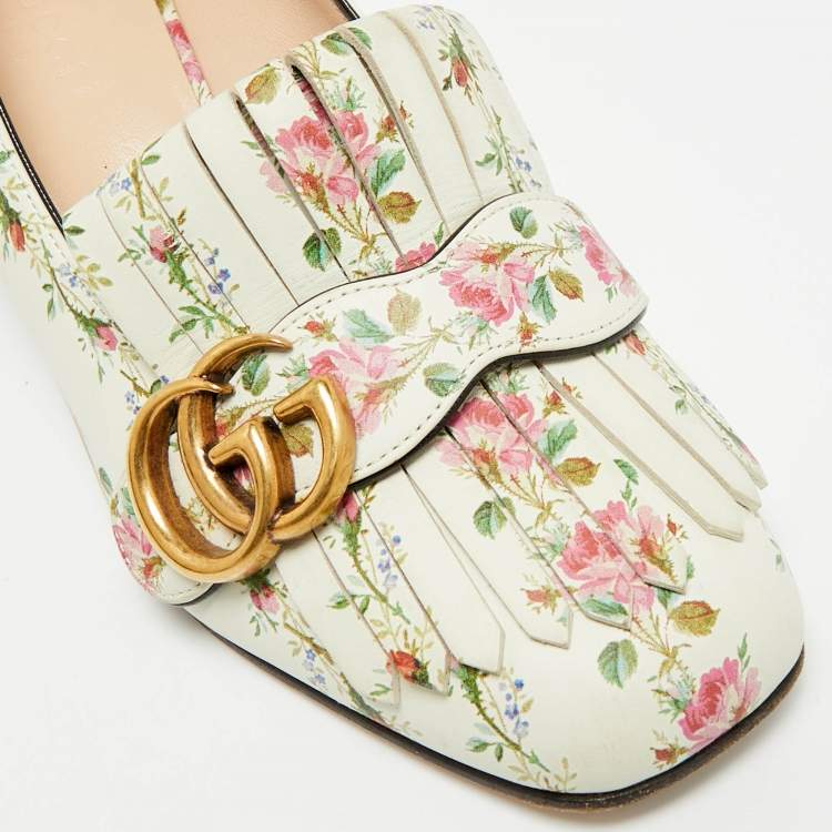 Pre Owned Gucci Marmont Size 36 Multicolor Leather  Rose Print Fringe Pumps 