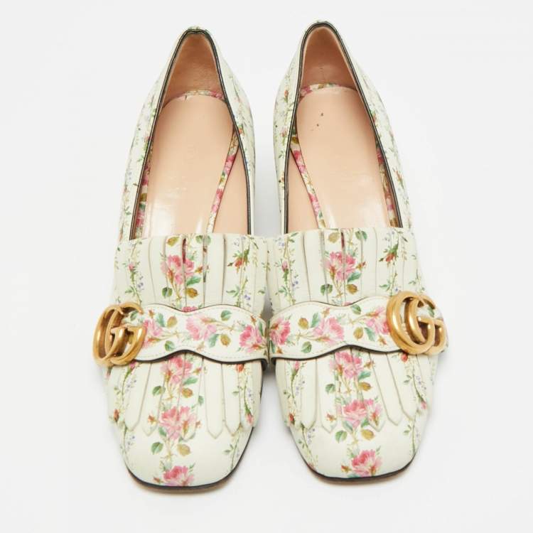 Pre Owned Gucci Marmont Size 36 Multicolor Leather  Rose Print Fringe Pumps 