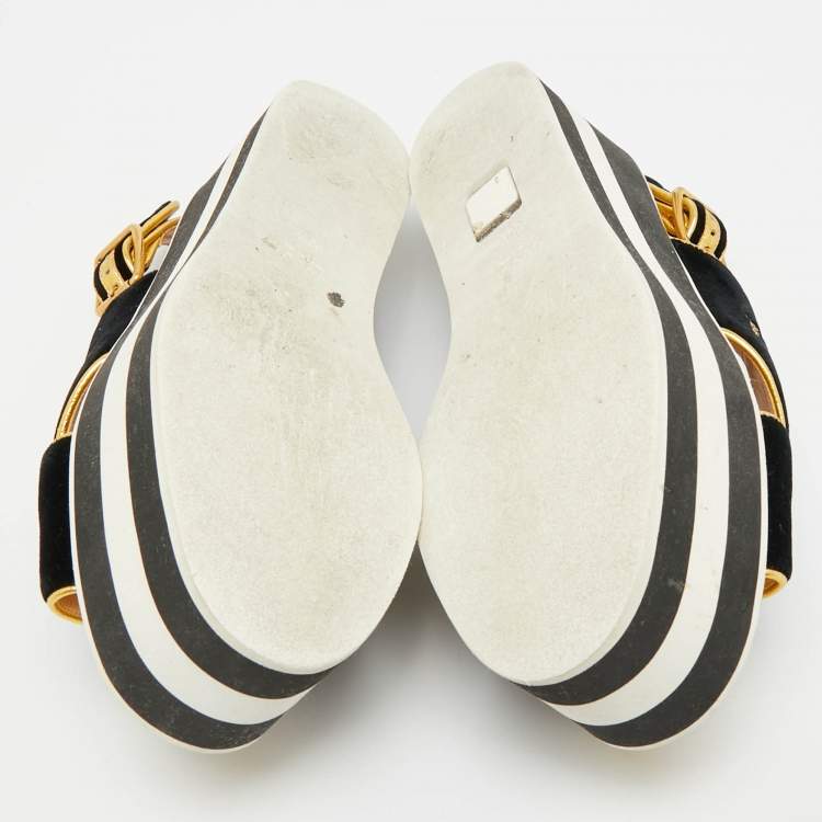 Pre Owned Gucci Size 38.5 Black Leather and Velvet Crisscross Bee Slingback Sandals